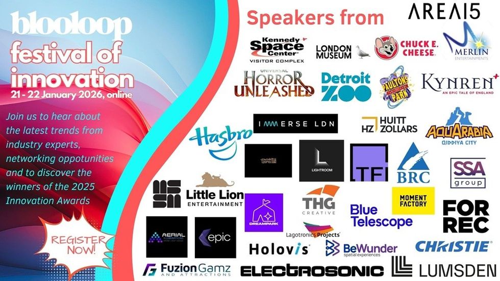 blooloop Festival of Innovation 2026 poster with speakers' logos from various organisations.