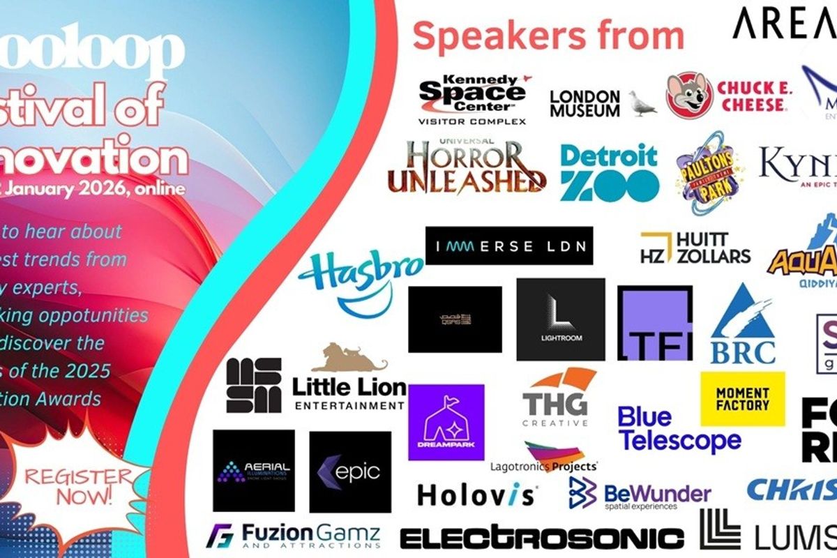 Blooloop Festival of Innovation 2026 poster with speakers' logos from various organizations.