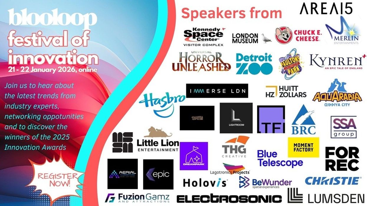Blooloop Festival of Innovation 2026 poster with speakers' logos from various organizations.