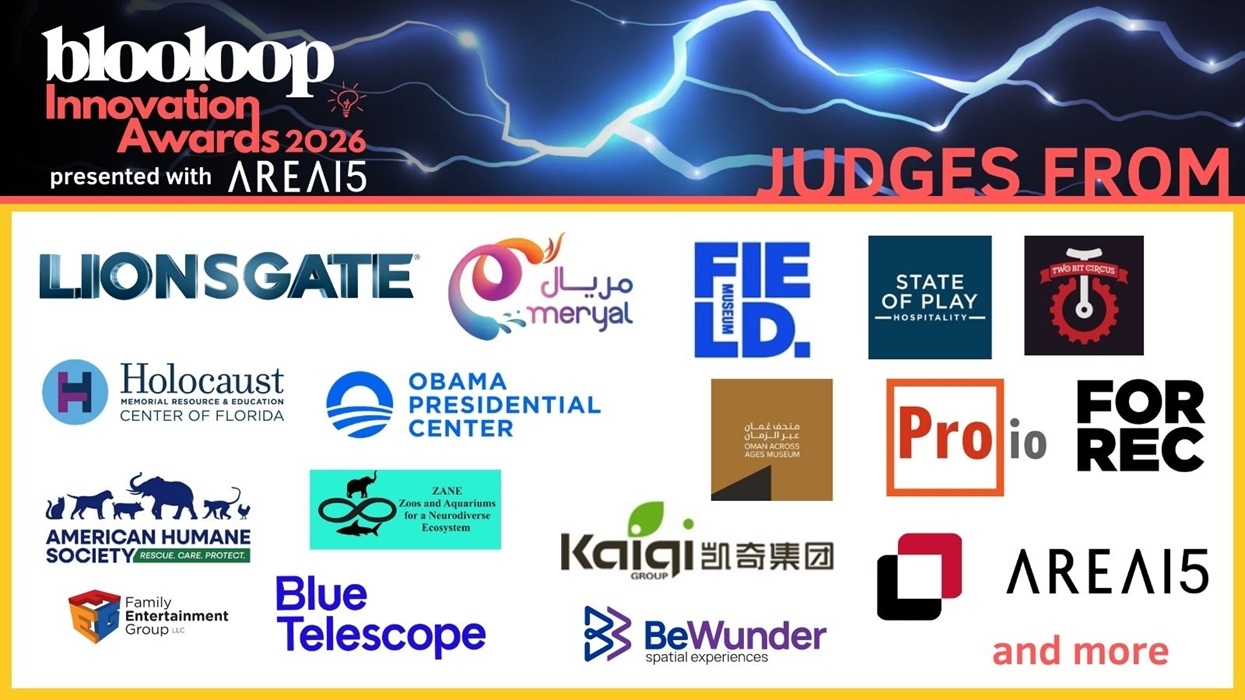 Blooloop Innovation Awards 2026 judges from various organizations and companies, logos shown.