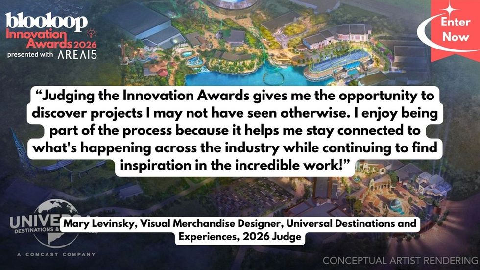 Blooloop Innovation Awards 2026 quote on a themed resort background with judge's name.