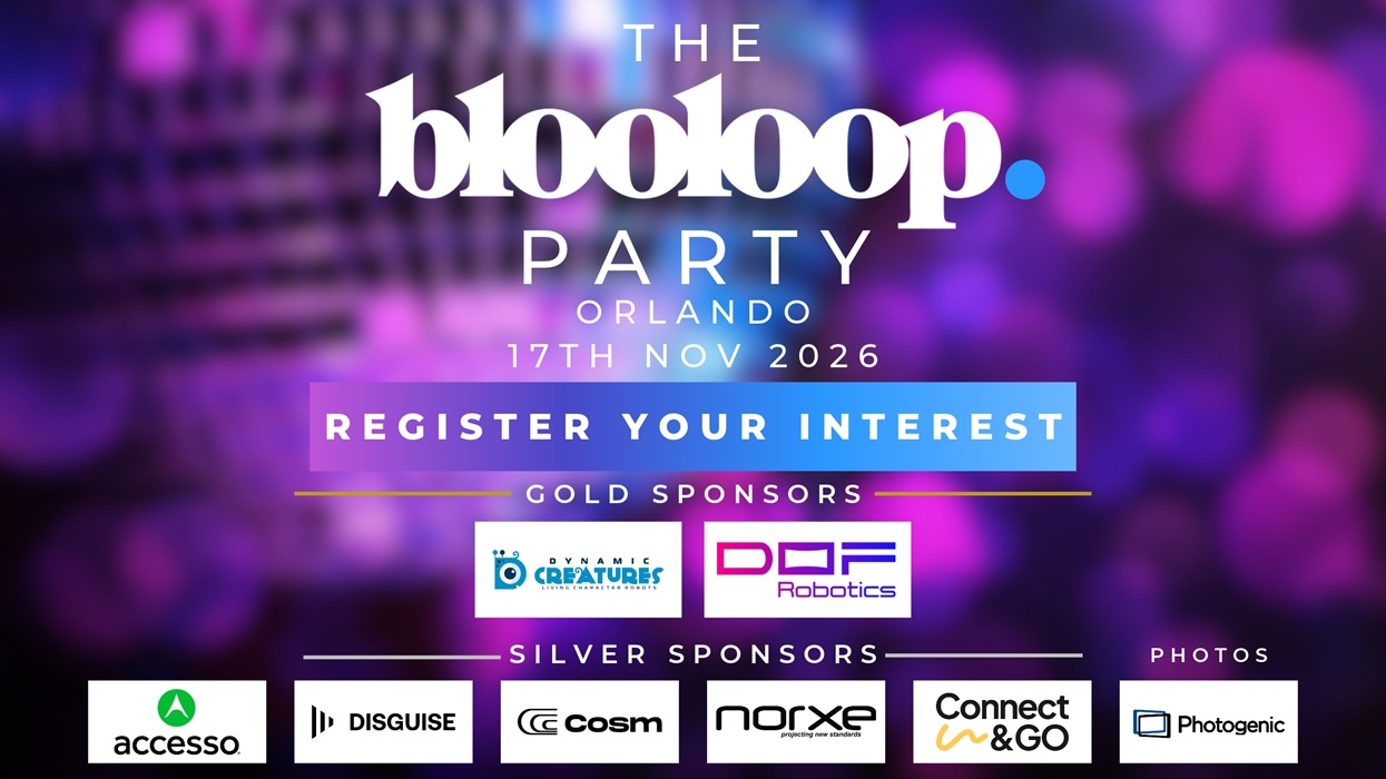 blooloop party flyer with date, sponsors, and registration info on a purple bokeh background.