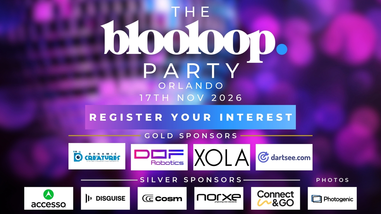 blooloop party flyer with date, sponsors, and registration info on a purple bokeh background.
