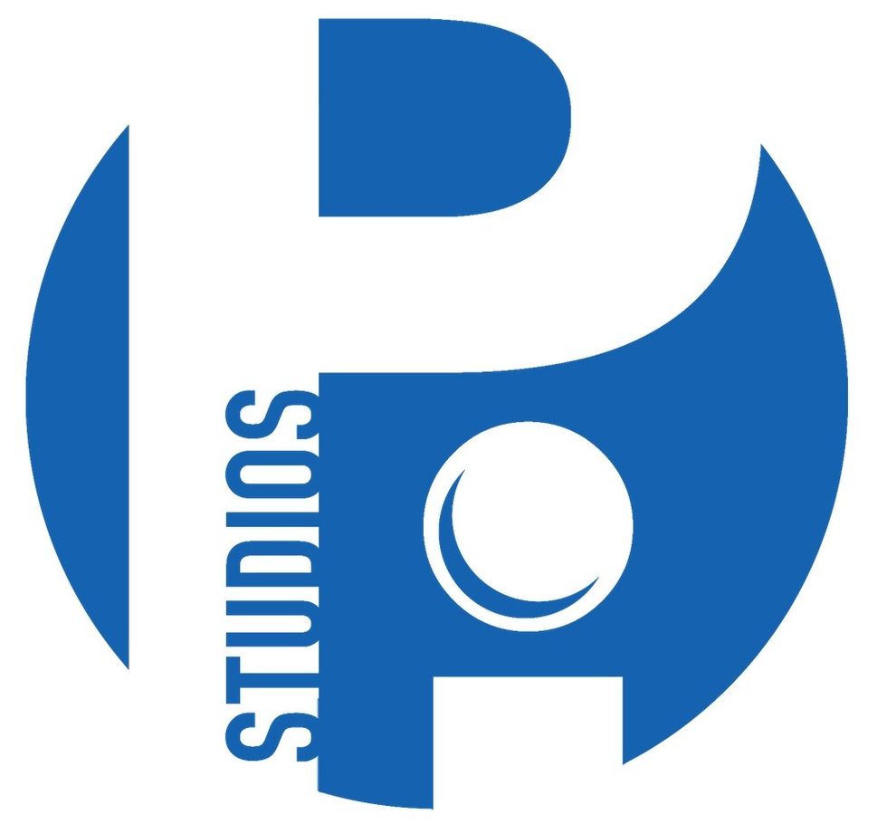 Blue abstract "P" logo with "STUDIOS" down the side and a stylized circle in the center.