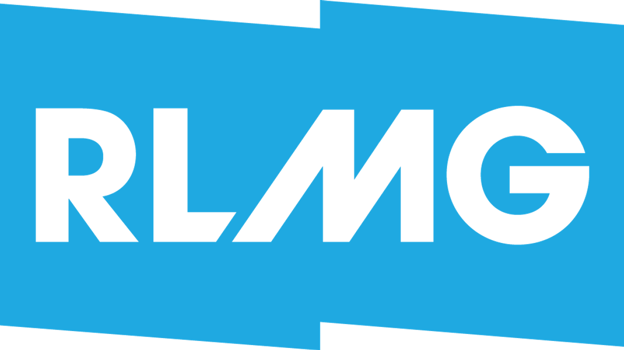 Blue logo with stylized letters "RLMG" in bold font.