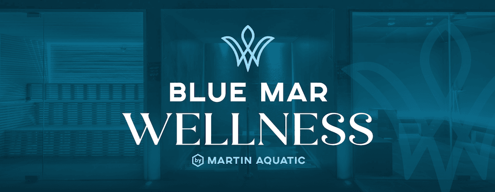 Blue Mar Wellness logo with wavy emblem, designed by Martin Aquatic.