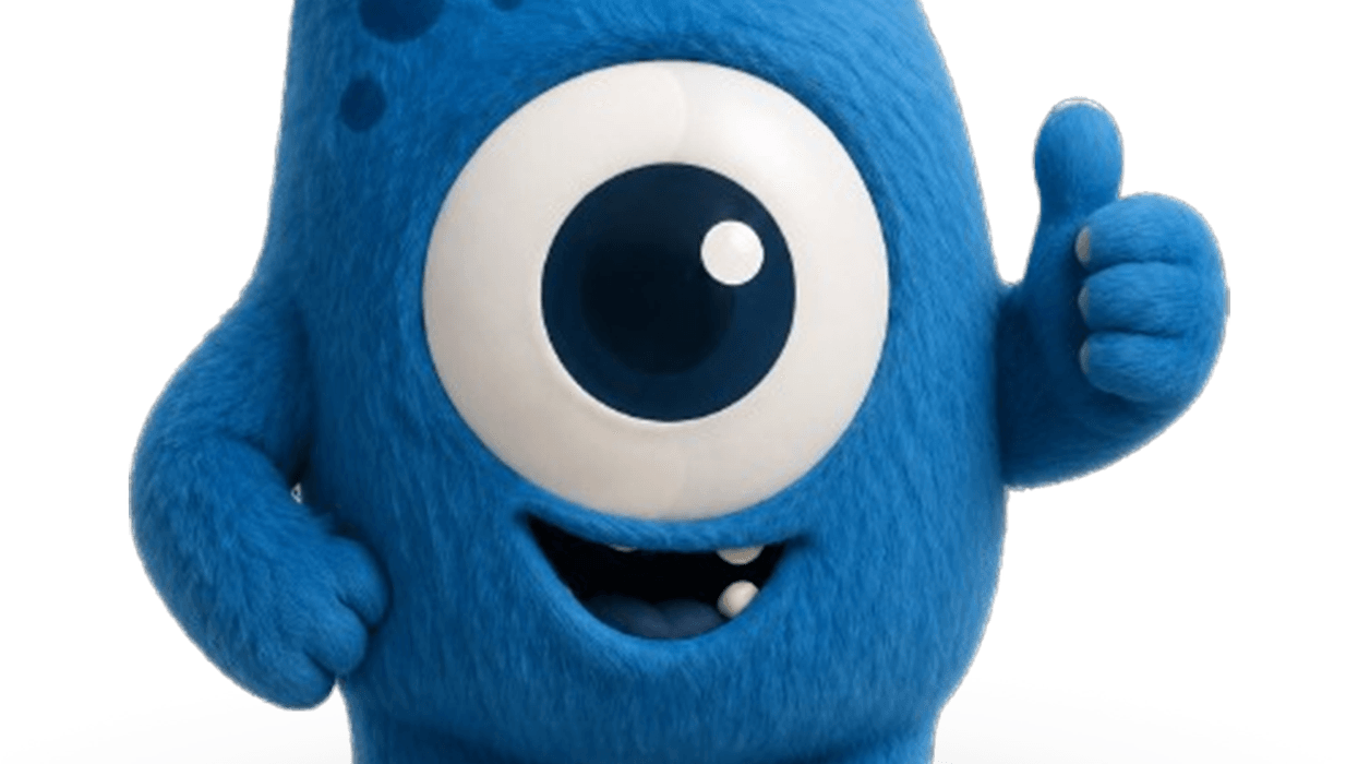 Blue, one-eyed cartoon monster with antennae, giving a thumbs-up.