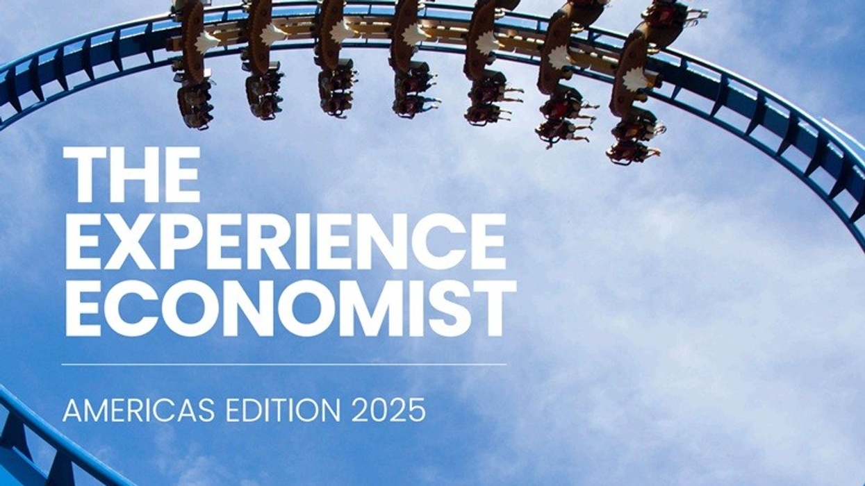 Blue roller coaster loop with riders, text reads "The Experience Economist: Americas Edition 2025."