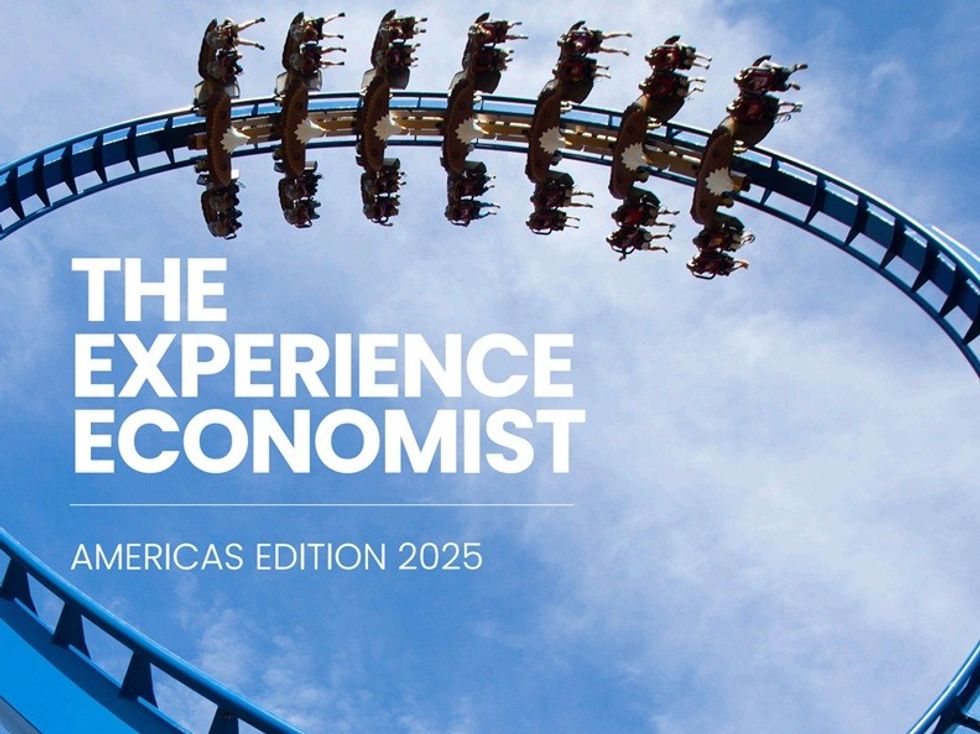 Blue roller coaster loop with riders, text reads "The Experience Economist: Americas Edition 2025."