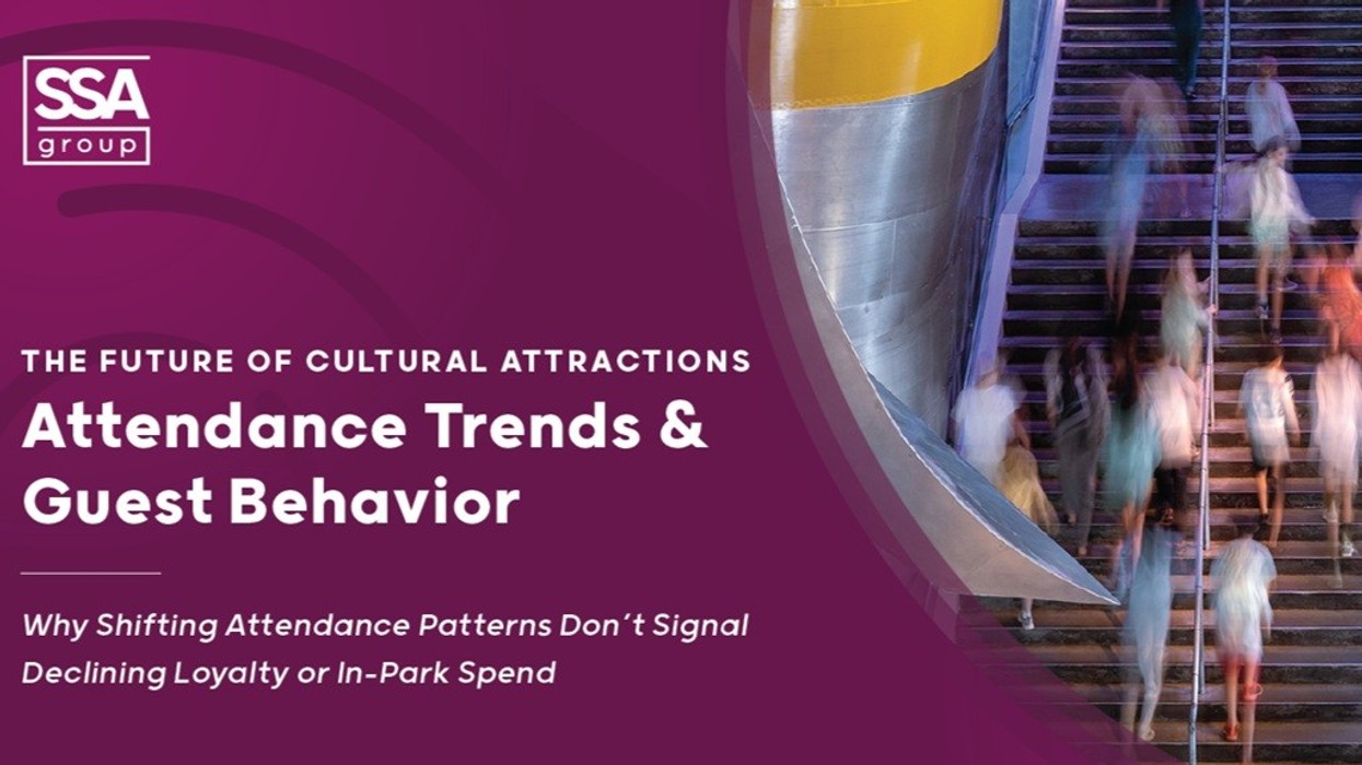 Blurred crowd on stairs beside "SSA Group: Attendance Trends & Guest Behavior" text.