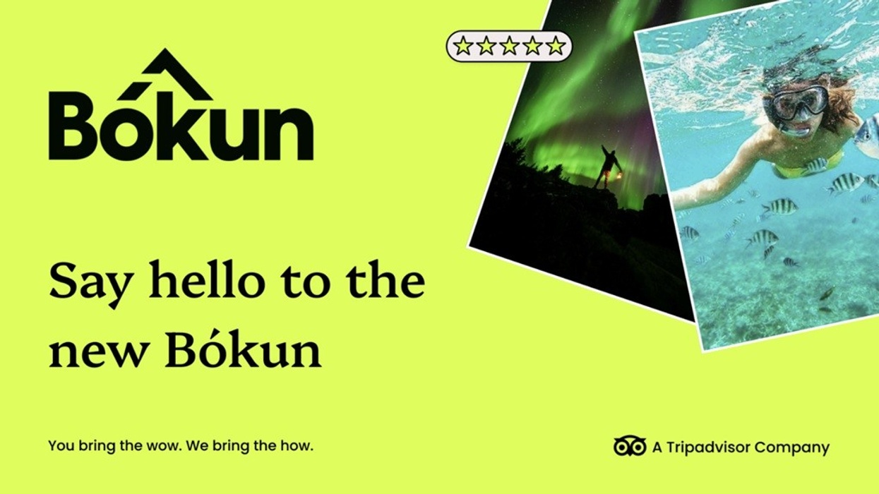 Bókun ad with snorkeling woman, Northern Lights, and text: "Say hello to the new Bókun".