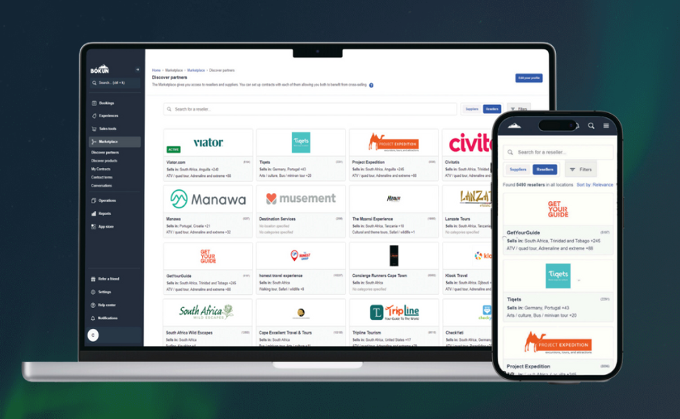 Bokun platform on laptop and phone screens, displaying reseller search and listings.