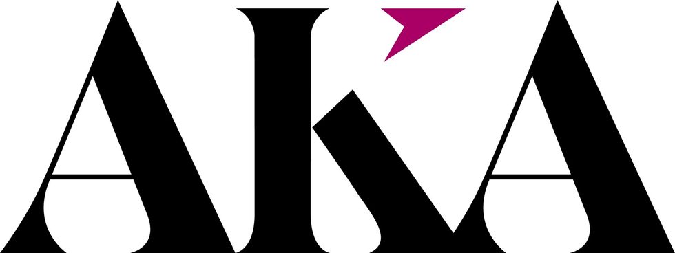 Bold black "AKA" logo with a small pink triangle above the "K".