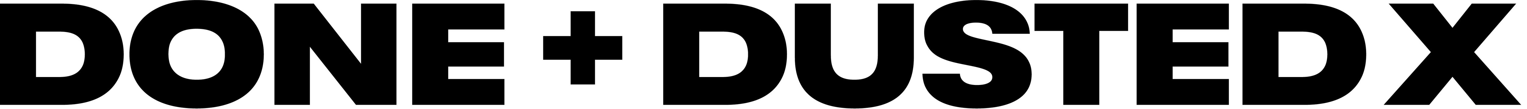 Bold black text reads "DONE + DUSTED X" on a white background.