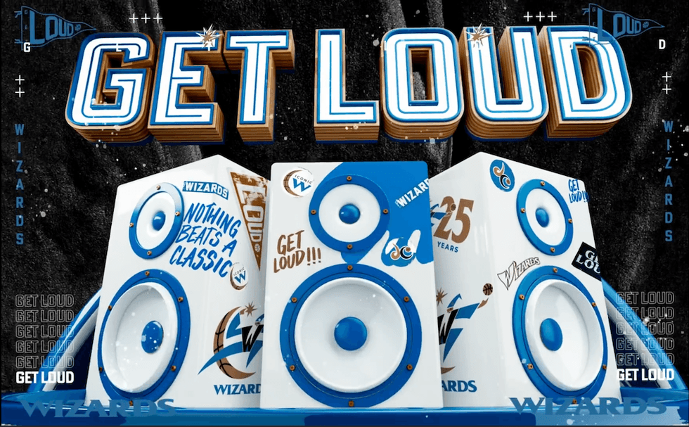 "Bold 'GET LOUD' text over speakers with Wizards' logos and graphics."