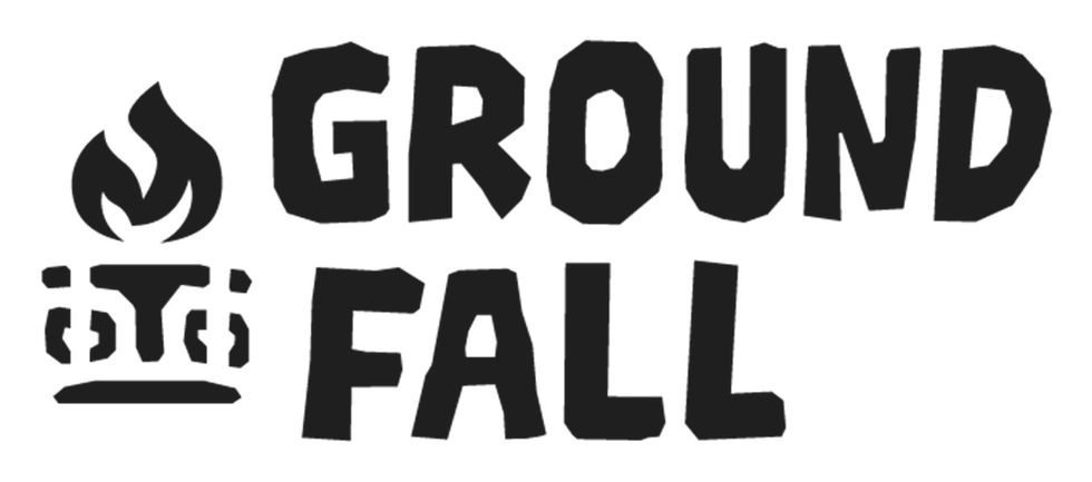 Bold "GROUND FALL" text with flame and crown-like symbols on the left.