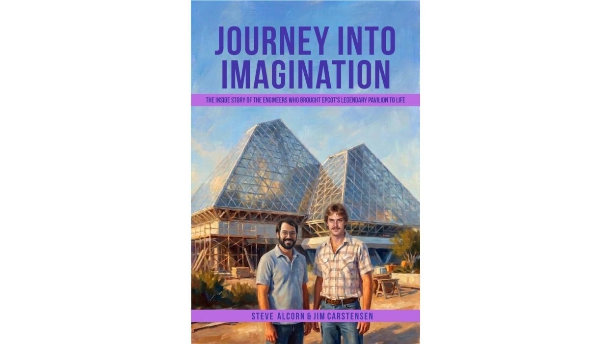 Book cover: "Journey Into Imagination" with two men in front of a glass pavilion.