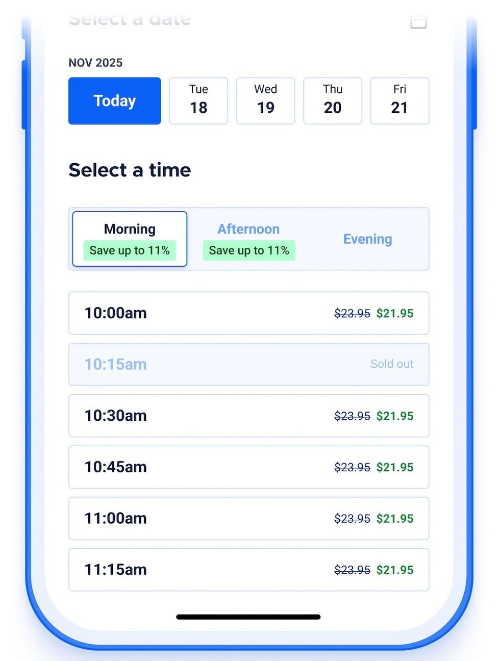 Booking interface for selecting a date and time with discounted morning slots.