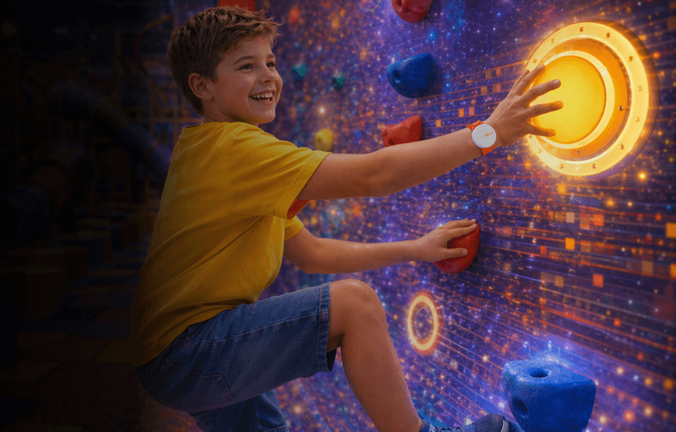 Boy climbing a glowing, interactive rock wall lpaying Pico Play's PlayMAXX, smiling in a bright, colorful setting.