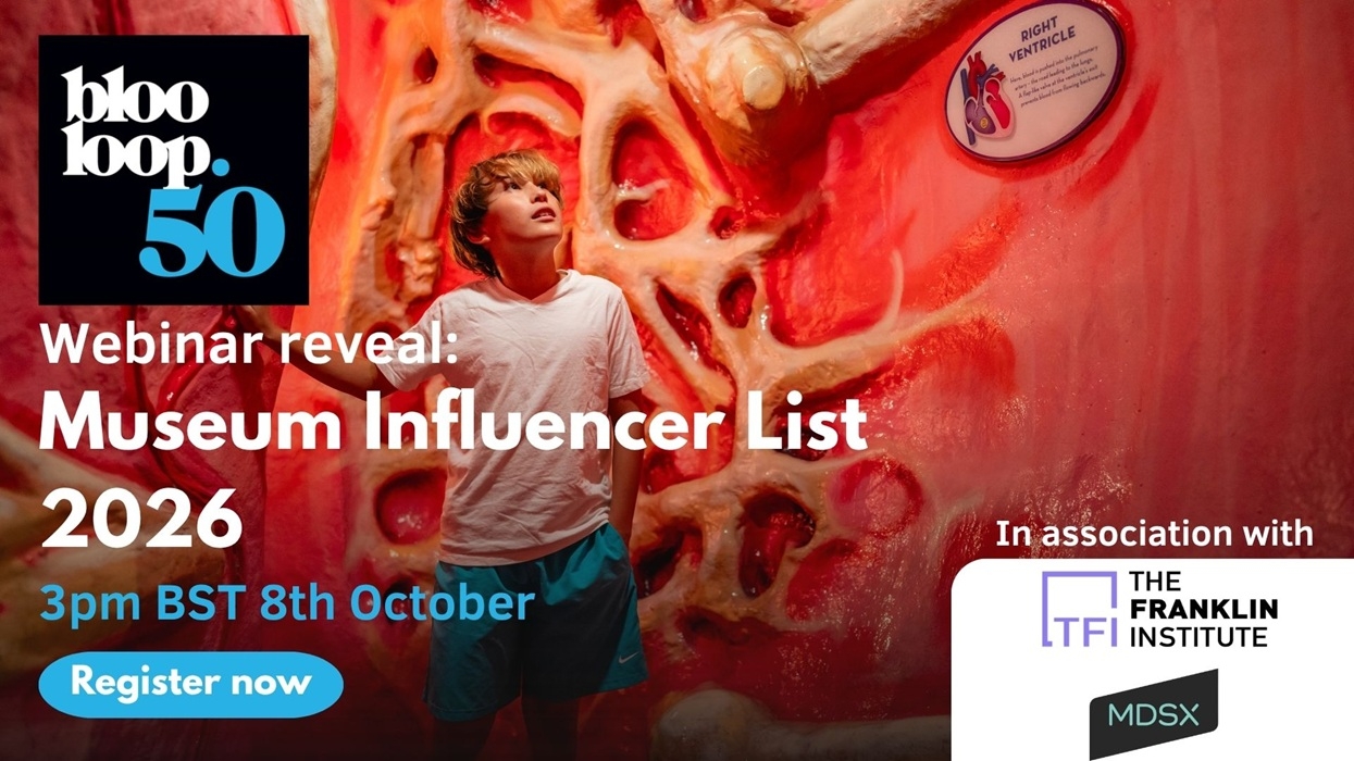 Boy in a museum exhibit, promoting Blooloop 50 Museum Influencer List 2026 webinar.