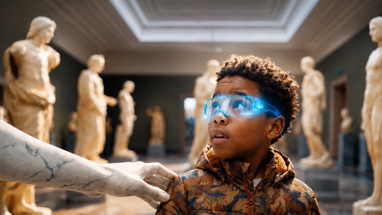 Boy wearing futuristic glasses in a museum surrounded by classical statues.