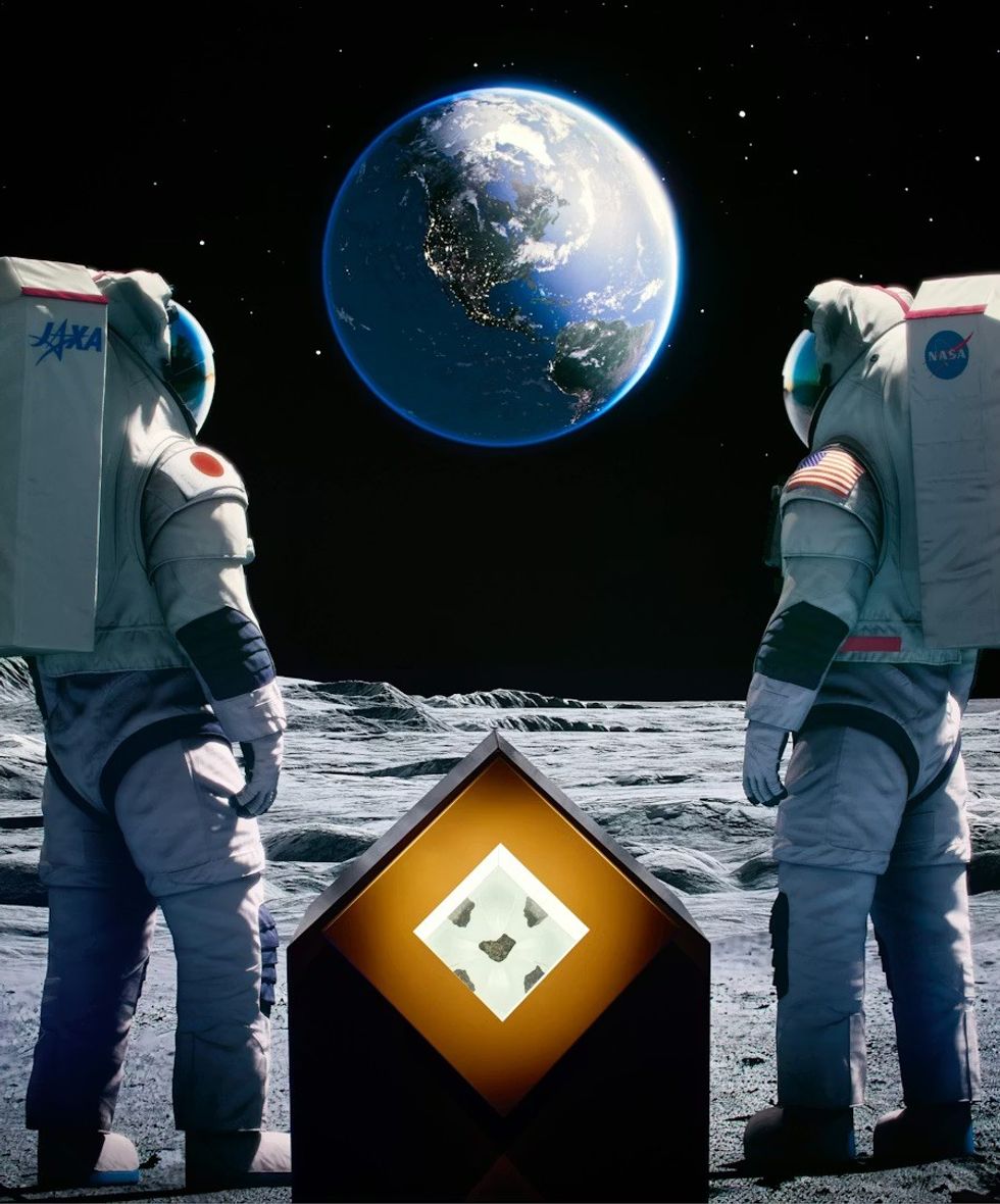 BRC, USA Pavilion at Expo Osaka 2025 Two astronauts on the Moon, gazing at Earth with a display case between them.