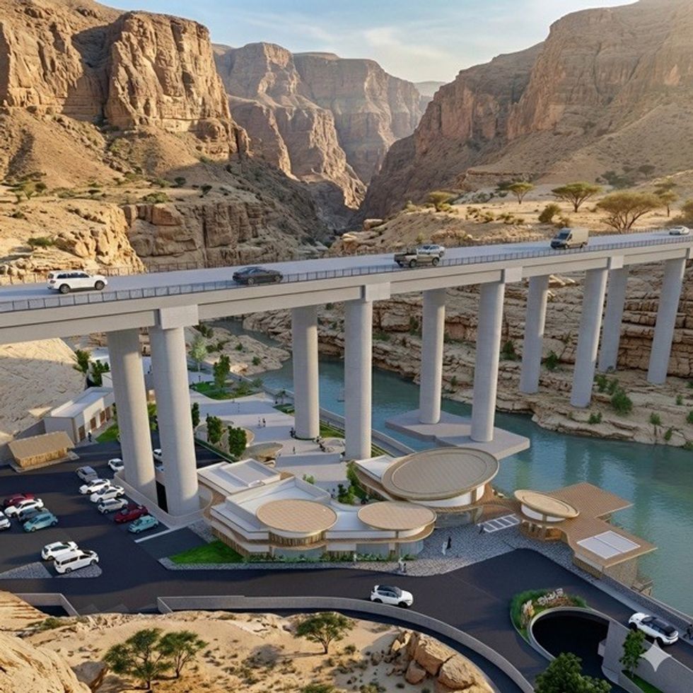 Bridge over a canyon with buildings and cars below, surrounded by rocky cliffs and a river.