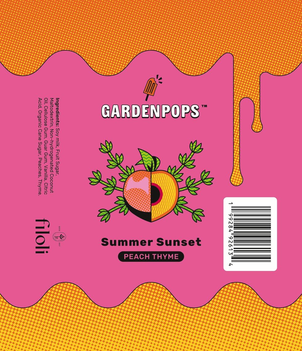 Bright pink and orange ice pop packaging for Gardenpops, Peach Thyme flavor.