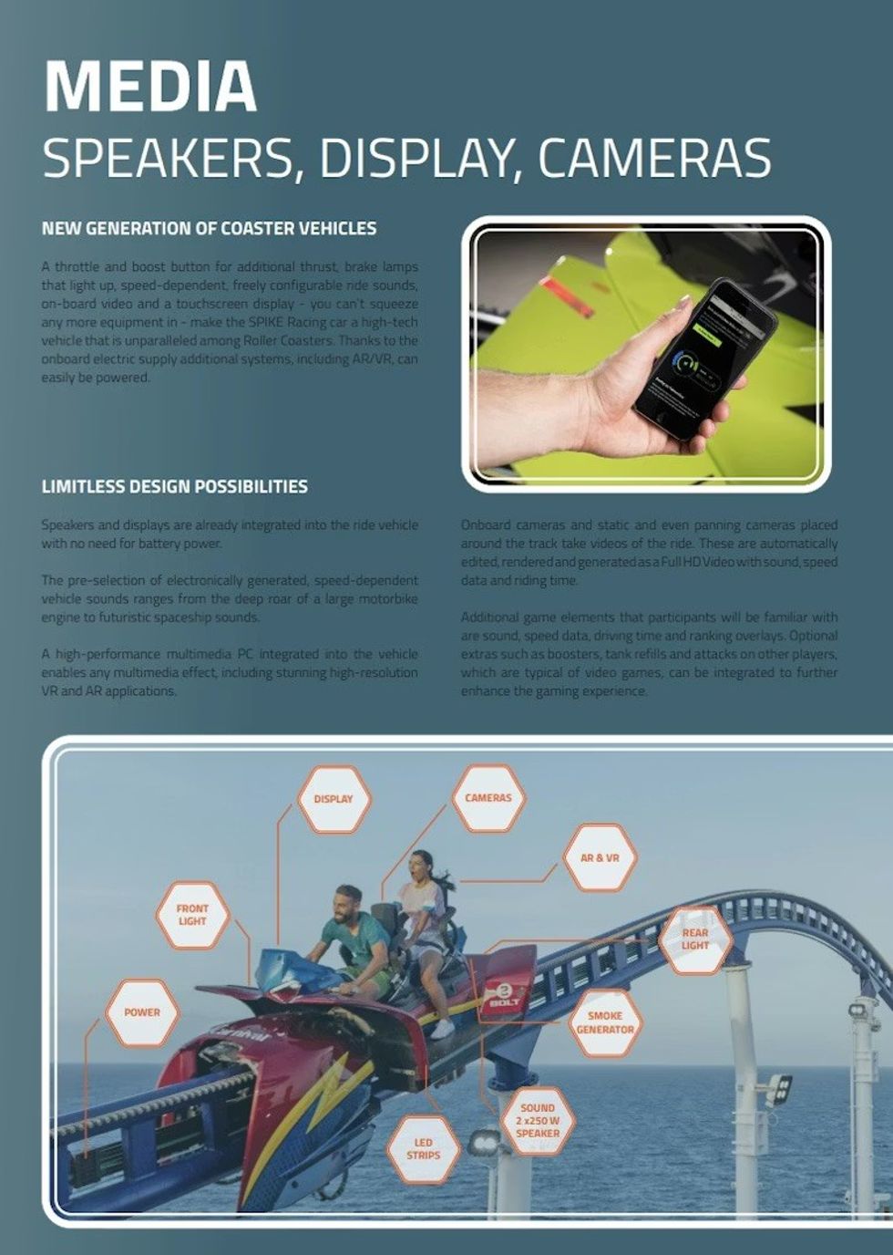 Brochure page detailing high-tech coaster features with display, speakers, and cameras.