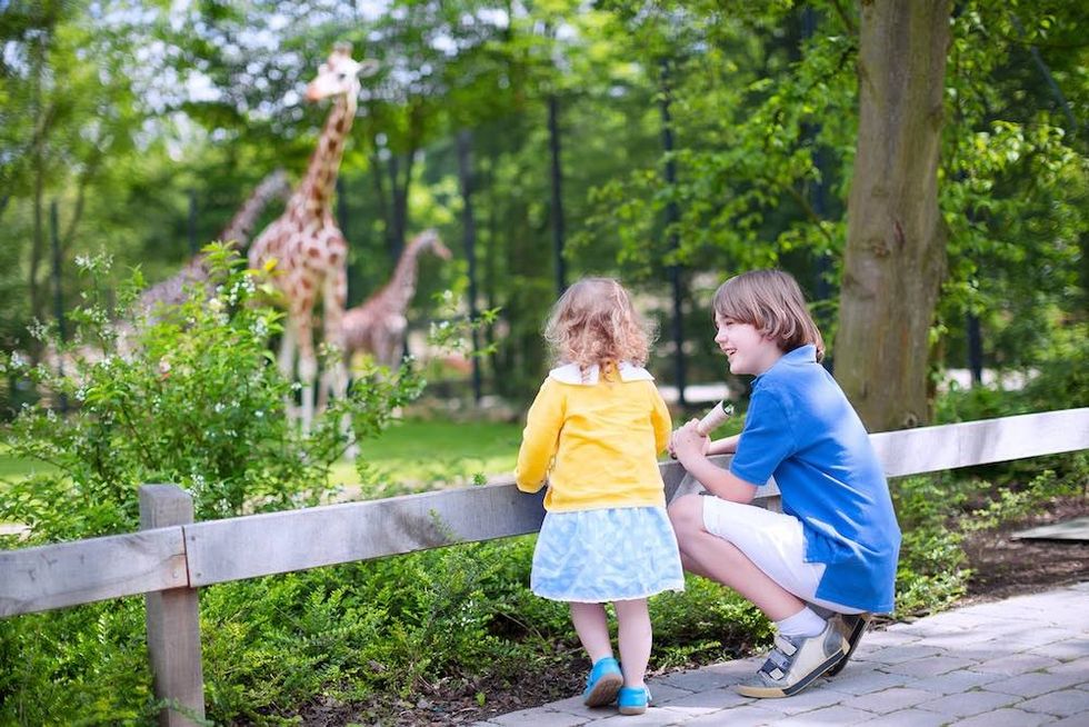brother and sister watch giraffes at zoo