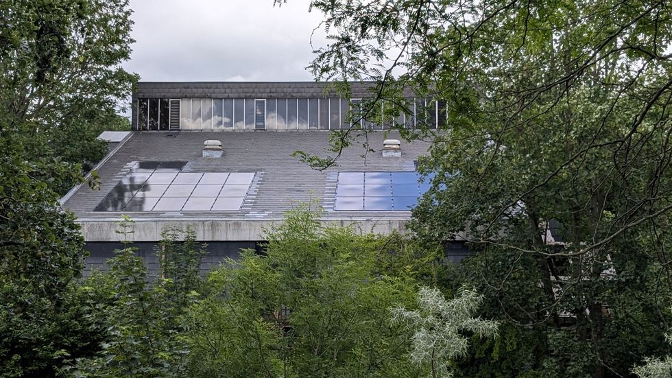 Building roof at London Zoo with solar panels, surrounded by trees and greenery.