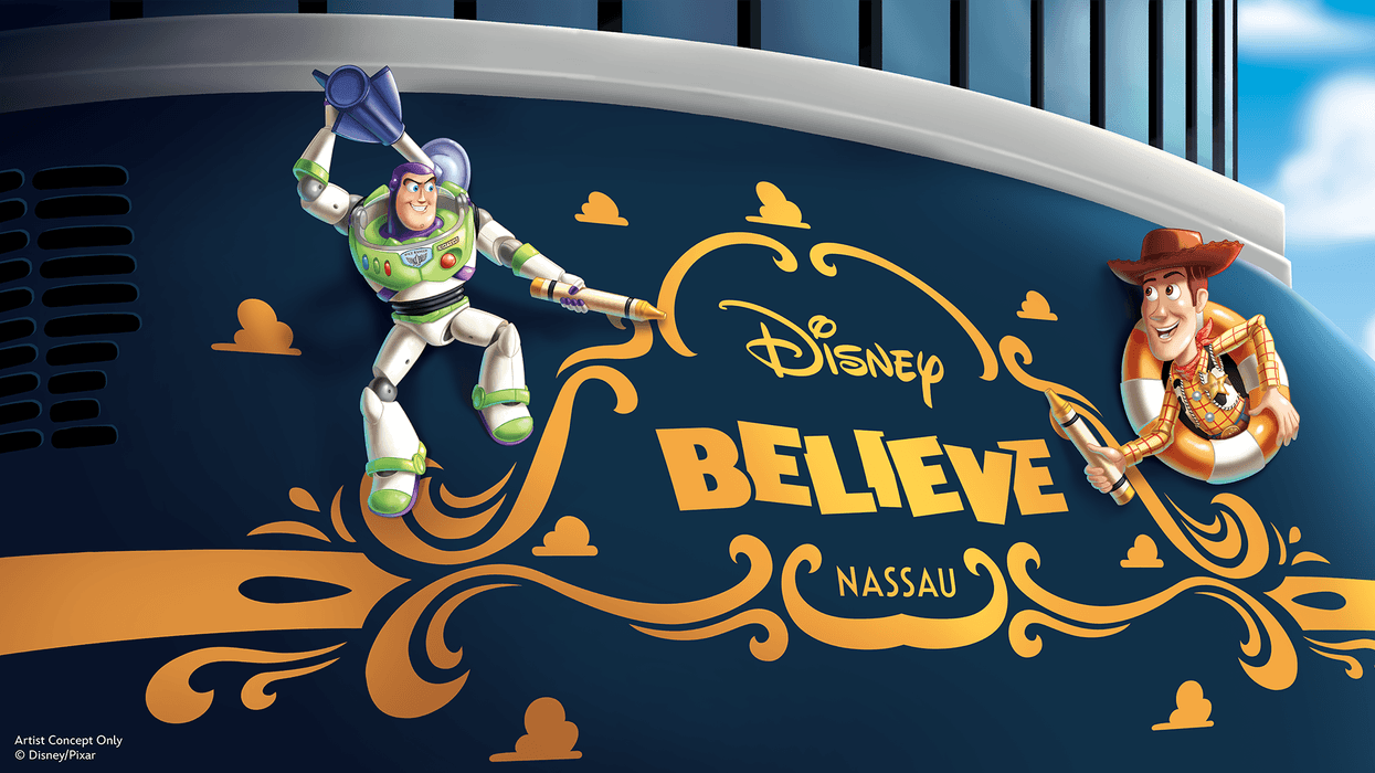 Buzz Lightyear and Woody paint "Disney Believe" on a cruise ship hull.