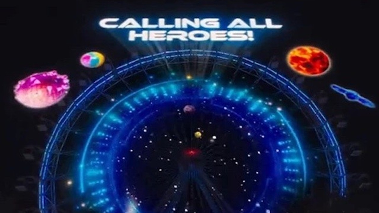 "Calling All Heroes!" text over a space-themed circular design with colorful planets.