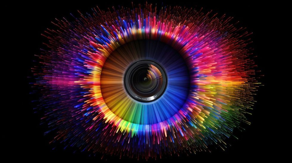 Camera lens surrounded by vibrant, exploding rainbow colors on a black background.