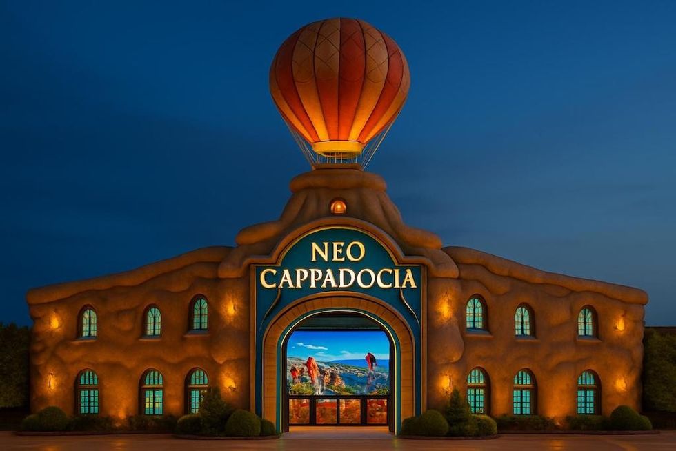 Cappadocia-themed building with hot air balloon, illuminated at night.