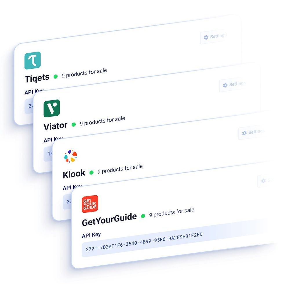 Cards displaying API keys for Tiqets, Viator, Klook, and GetYourGuide, each with 9 products.