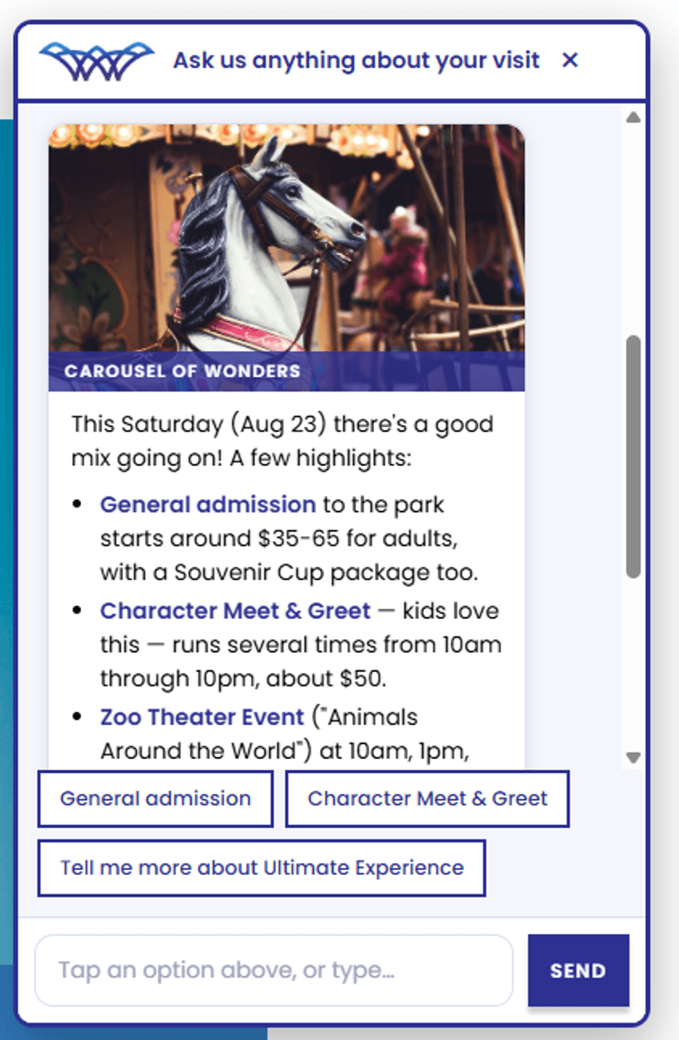 Carousel of Wonders event details with pricing and activities listed.