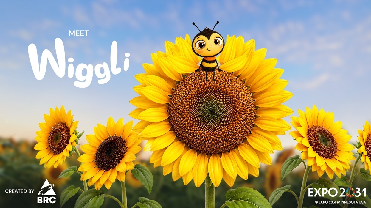 Cartoon bee named Wiggli sits on a sunflower; text: "Expo 2031 Minnesota USA." Logos for BRC Imagination Arts and Expo 2031 Minnesota USA.