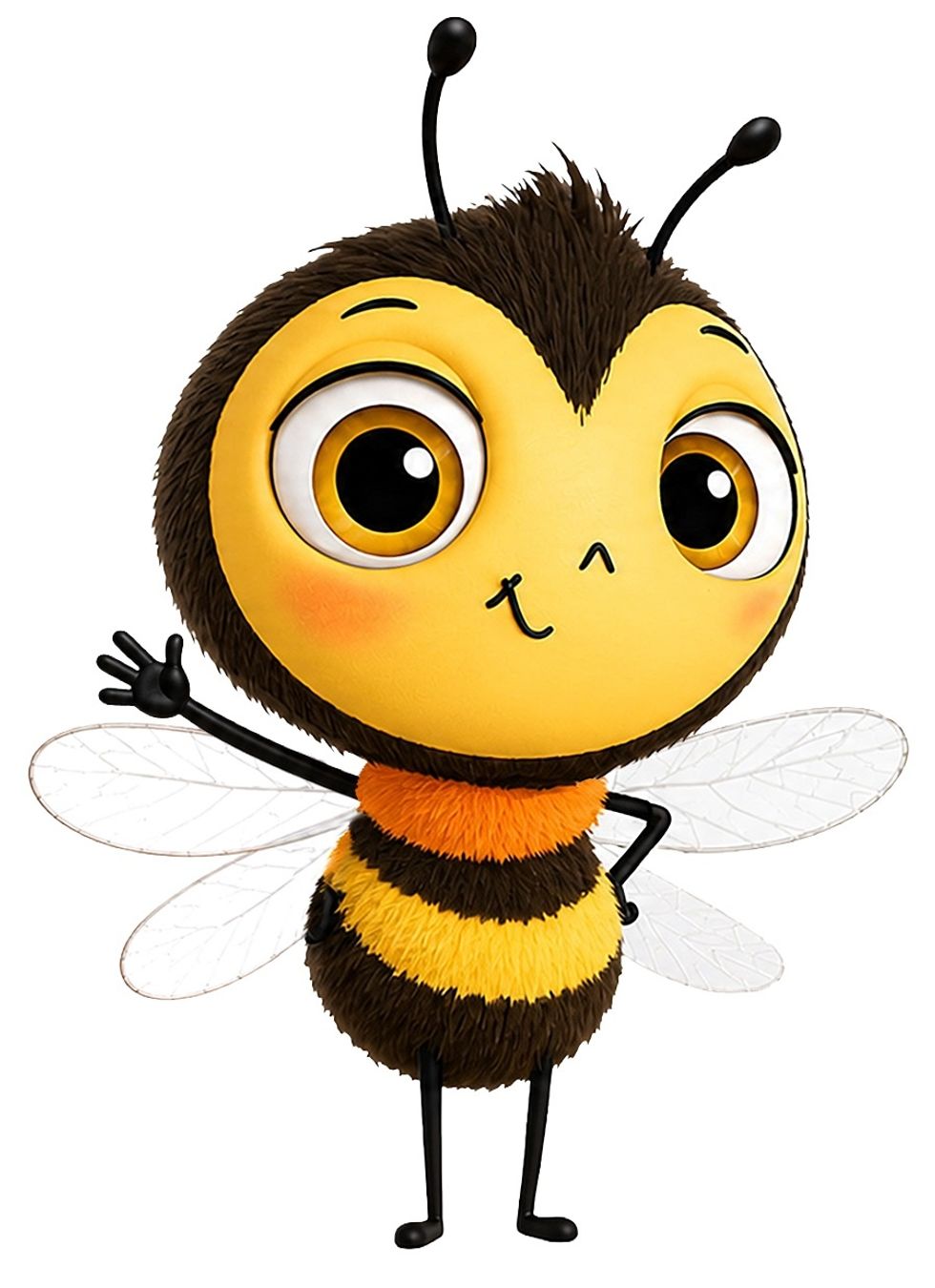 Cartoon bee with large eyes, waving and smiling, on a white background.
