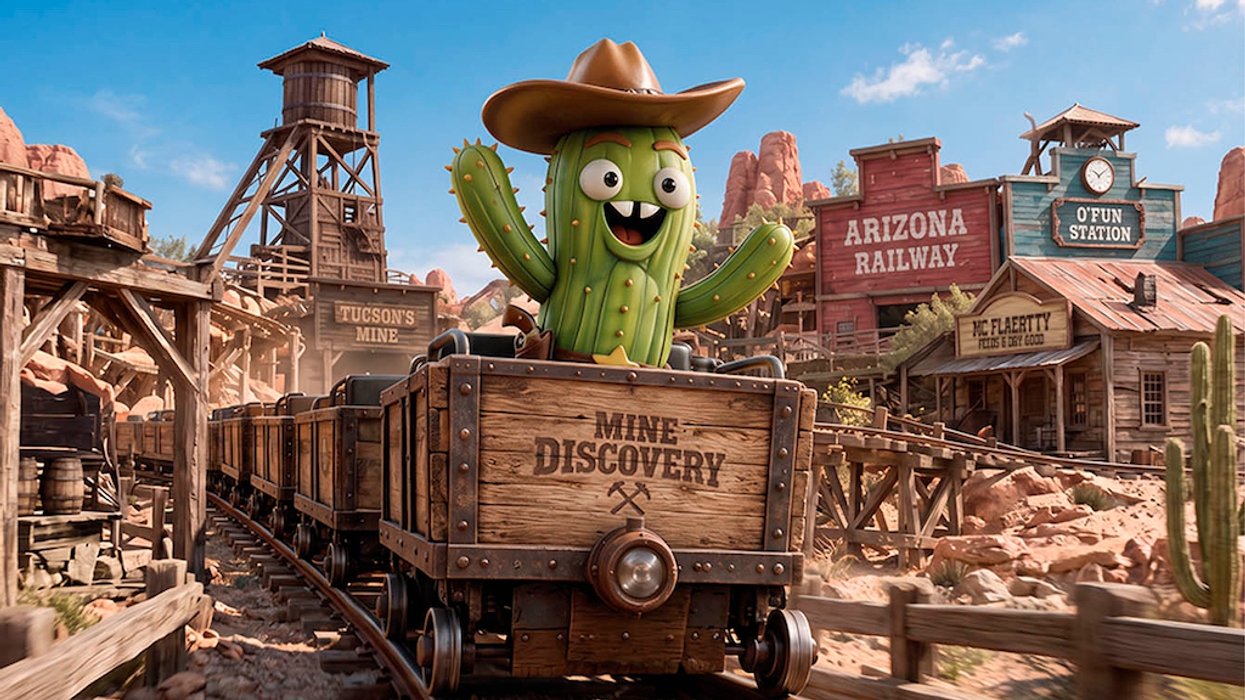 Cartoon cactus in a cowboy hat riding a mine train in a Wild West-themed amusement park.