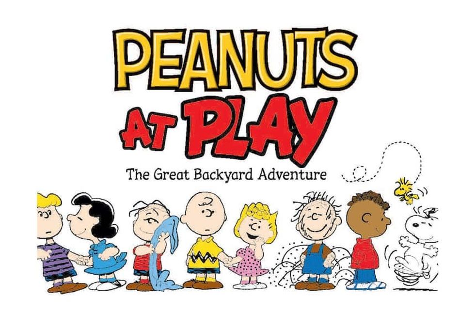 Cartoon children with title "Peanuts at Play: The Great Backyard Adventure"