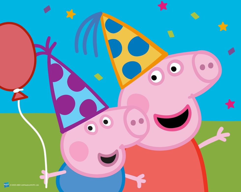 Cartoon pigs with party hats and a balloon, surrounded by colorful confetti.