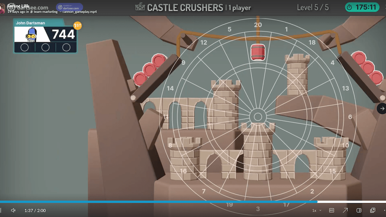 Castle Crushers game screenshot with cannon and dartboard overlay.