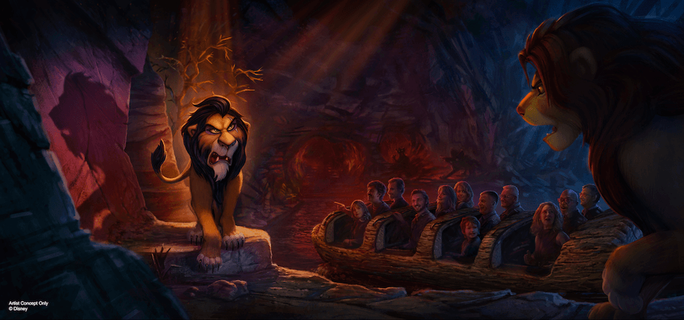 Cave scene with lions and a boat ride of people, bathed in dramatic, warm lighting.