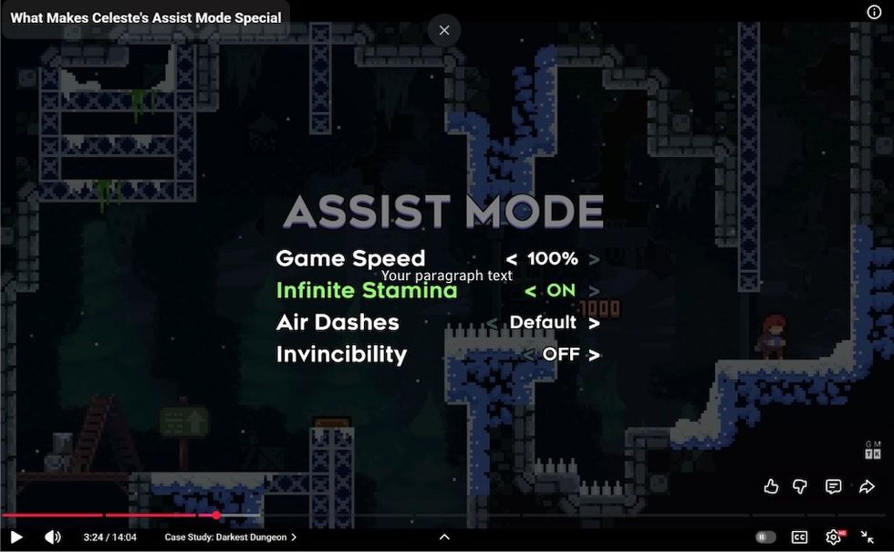 Celeste game screen showing Assist Mode settings with options enabled.