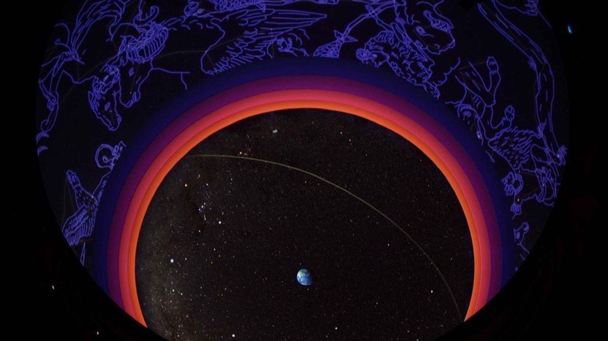 Celestial dome with Earth, glowing rings, and constellation outlines.