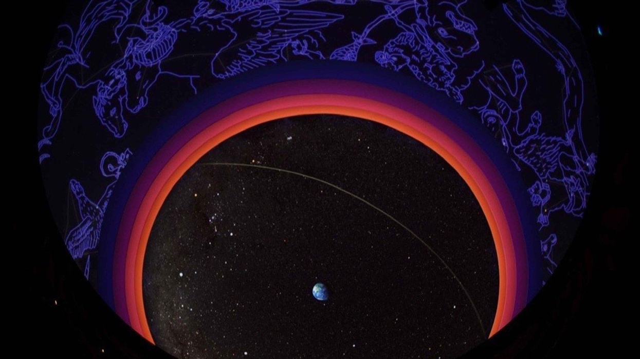 Celestial dome with Earth, glowing rings, and constellation outlines.