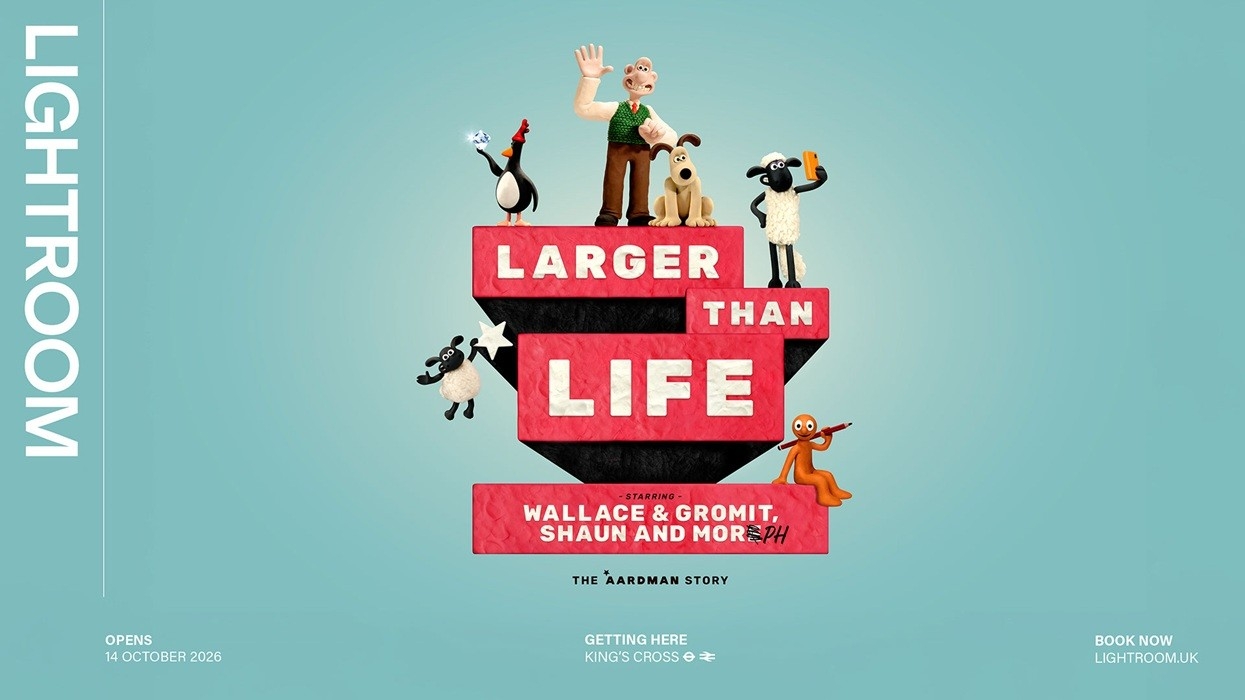 Characters standing on "Larger Than Life" text, promoting Aardman's Wallace & Gromit.
