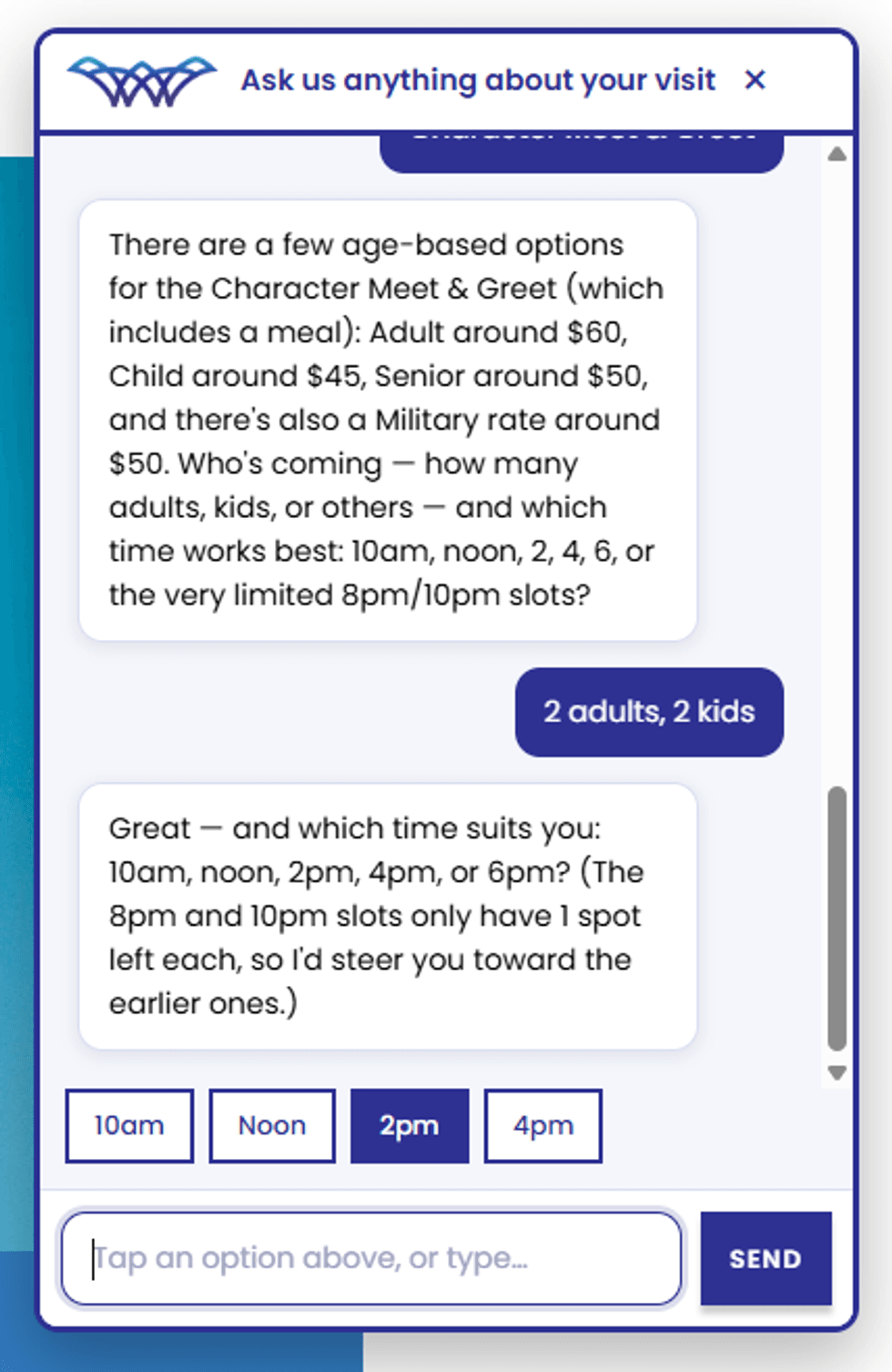 Chat interface discussing booking options for a character meet and greet.