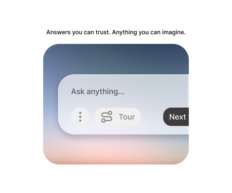 Chat interface prompt: "Ask anything..." with "Tour" button on a gradient background.